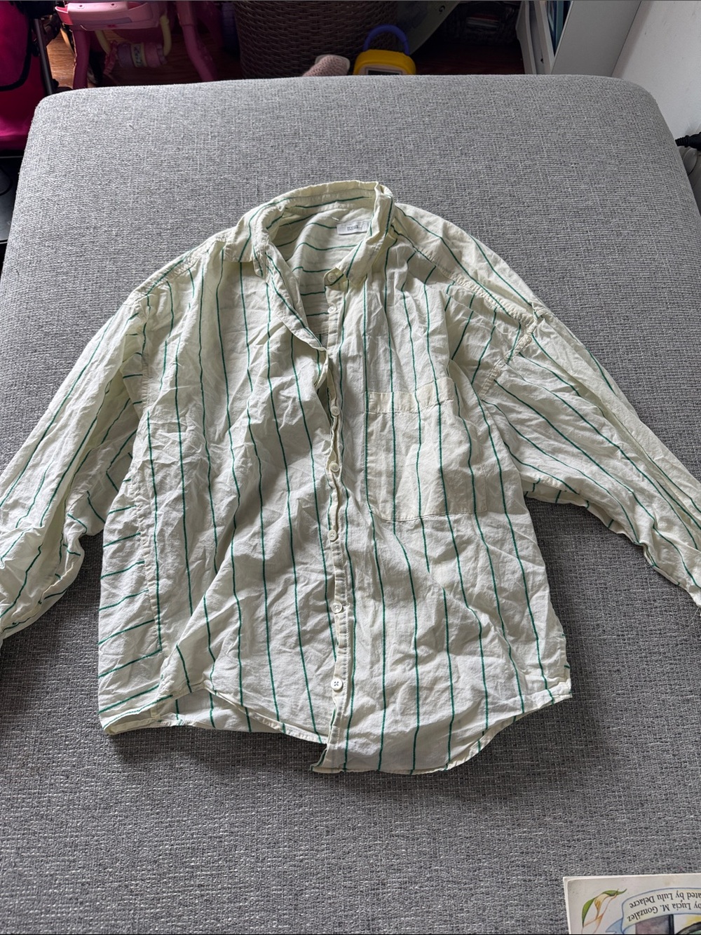 Closed Cream Button-Up Shirt Jacket with Green Stripes